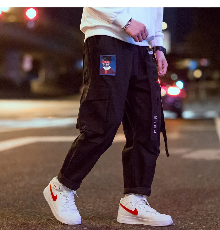 Streetwear Hip Hop Cargo Pants Men Women Ribbon Letter Embroidery Japanese Joggers Trousers Casual Harem Pants Pink