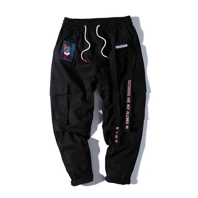 Streetwear Hip Hop Cargo Pants Men Women Ribbon Letter Embroidery Japanese Joggers Trousers Casual Harem Pants Pink