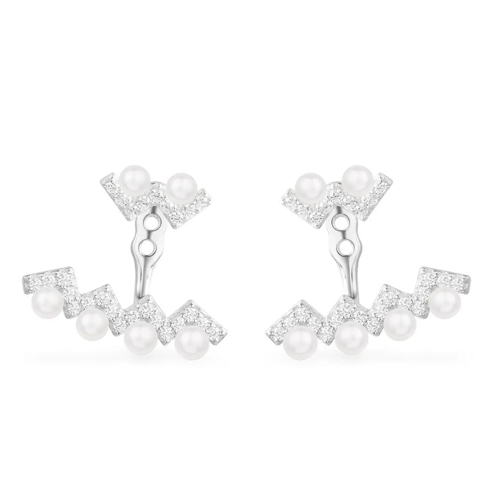 Up And Down Ear Jackets with Pearls - Silver