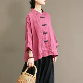 Vintage Contrast Color Button Blouse